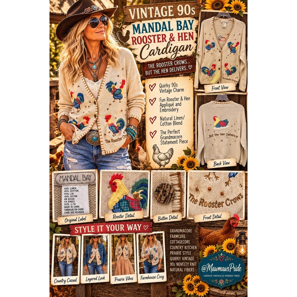 Vintage 90s Mandal Bay Rooster Hen Cardigan L Linen Cotton Grandmacore Farmcore
